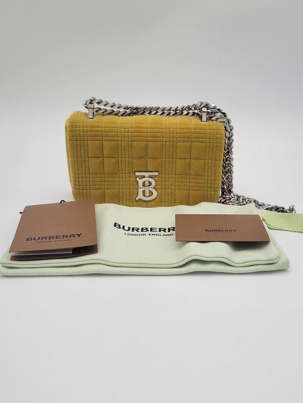Burberry Mustard Quilted Velvet TB Chain Crossbody Bag